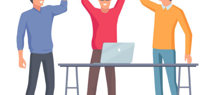 Three co workers raise hands up after successful startup near table with notebook on white background. Cooperation in teamwork vector illustration