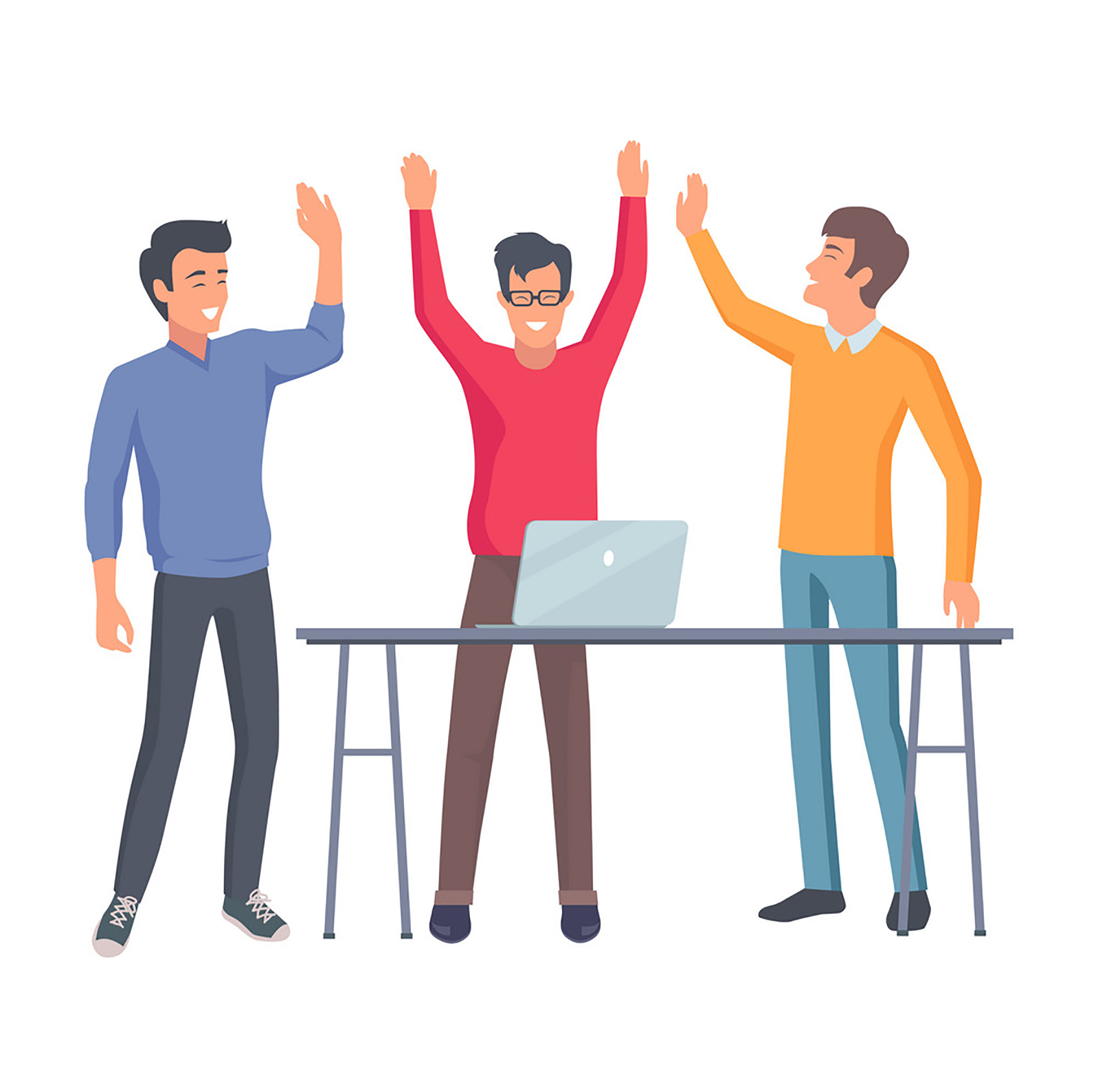 Three co workers raise hands up after successful startup near table with notebook on white background. Cooperation in teamwork vector illustration